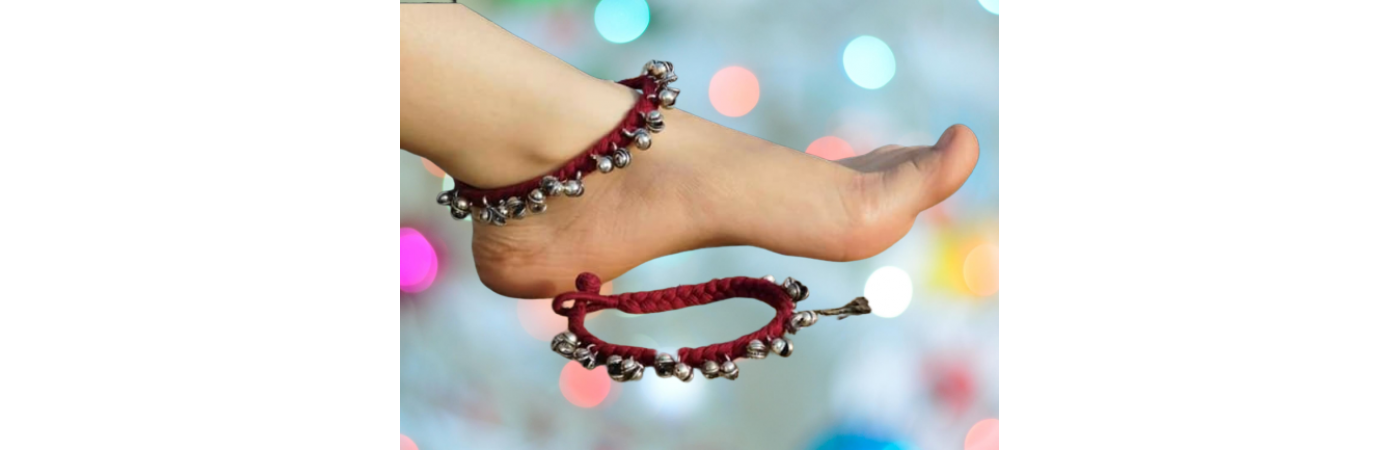 Alphabey's Tribal Style Maroon Threaded Anklets with Oxidized Ghungroo for Women and Girls